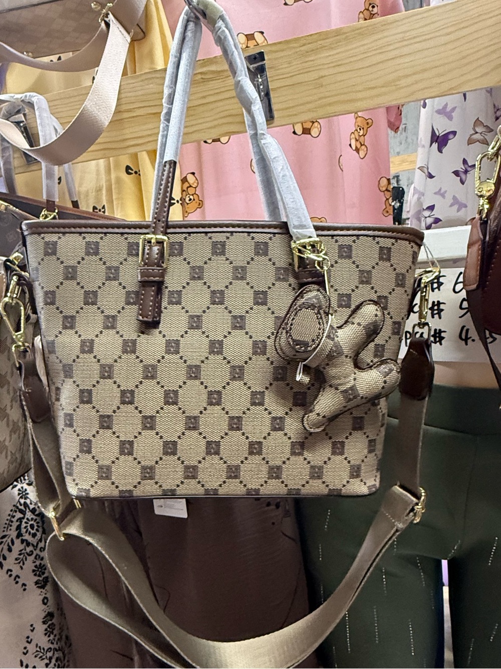 Beige Check Canvas Tote Bag with Bear Charm